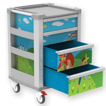 Pediatric compact kart with 2 medium and 2 large drawers.